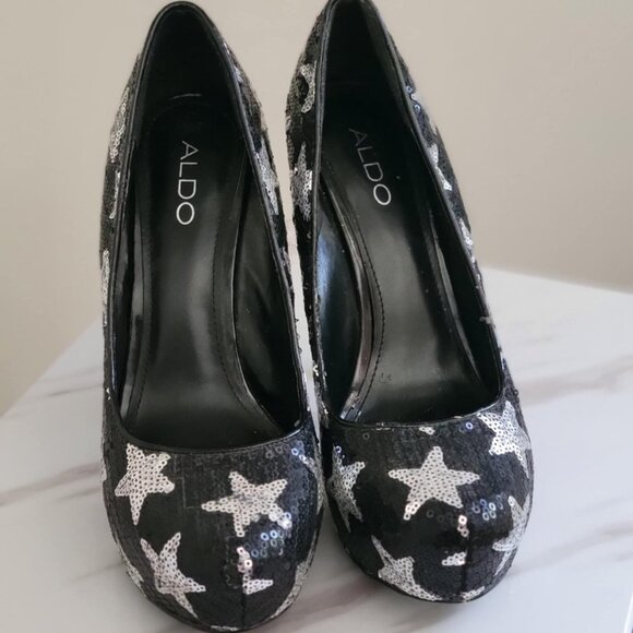 Black & Silver Glitter Wedge Heels – Star Pattern /Escarpins compensés noirs et - Picture 4 of 4